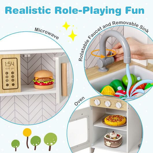 Juego de cocina infantil con luces, sonidos, microondas, horno, fregadero y accesorios de cocina (blanco)