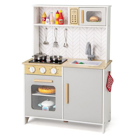 Juego de cocina infantil con luces, sonidos, microondas, horno, fregadero y accesorios de cocina (blanco)