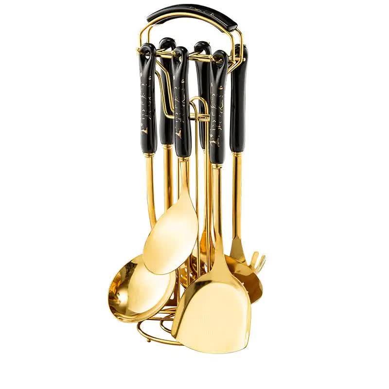 Juego de utensilios de cocina de acero inoxidable negro dorado NNEDSZ - 7 piezas de utensilios de cocina dorados con soporte 