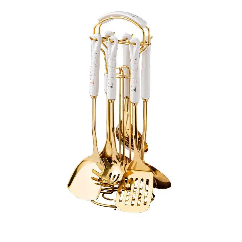 Juego de utensilios de cocina de acero inoxidable en oro blanco NNEDSZ - 7 piezas de utensilios de cocina dorados con soporte 