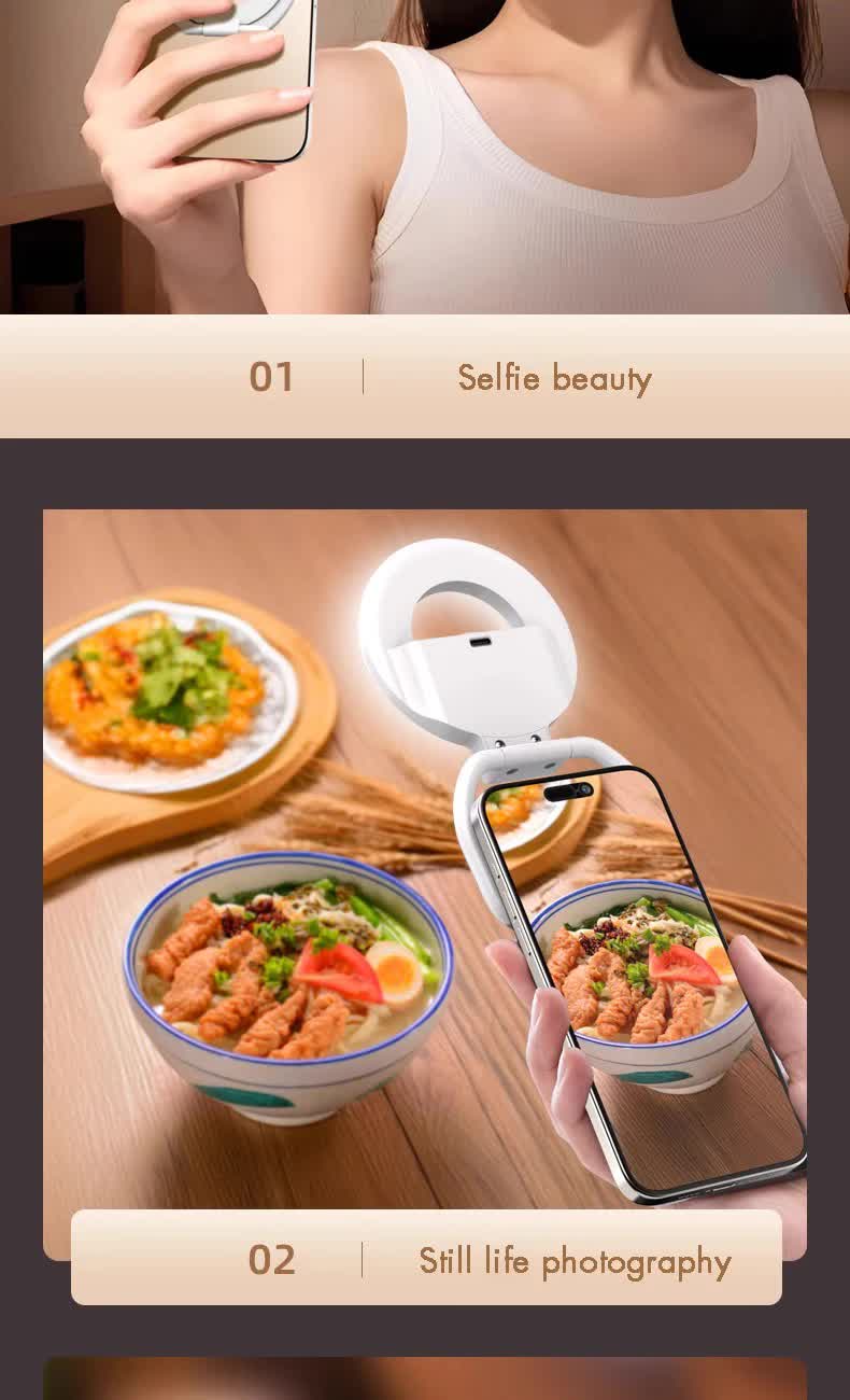 Anillo de luz para selfies plegable con clip NNEDSZ y soporte - Brillo ajustable para teléfonos inteligentes 