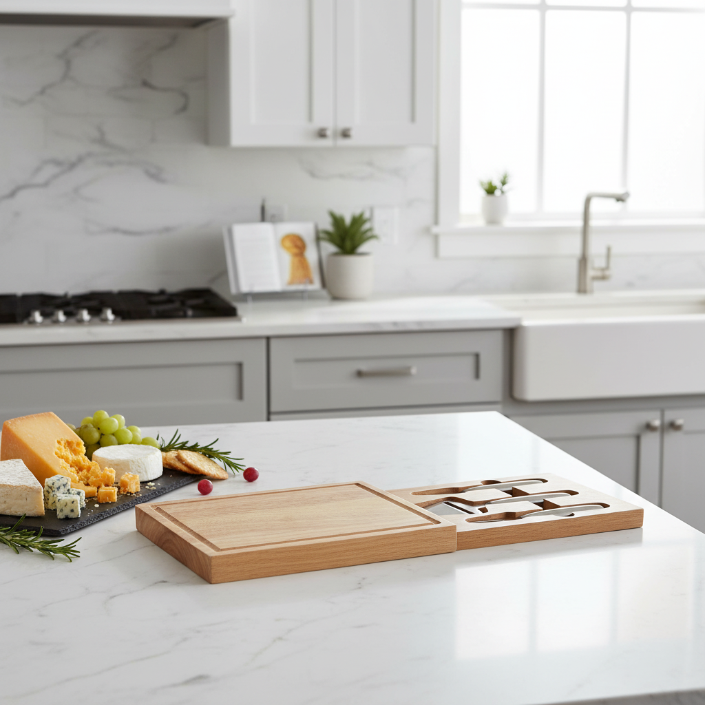 Tabla de quesos rectangular con herramientas ocultas