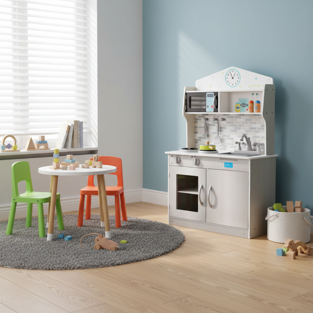 Juego de cocina de juguete de madera NNECW con microondas para niños de 3 años en adelante