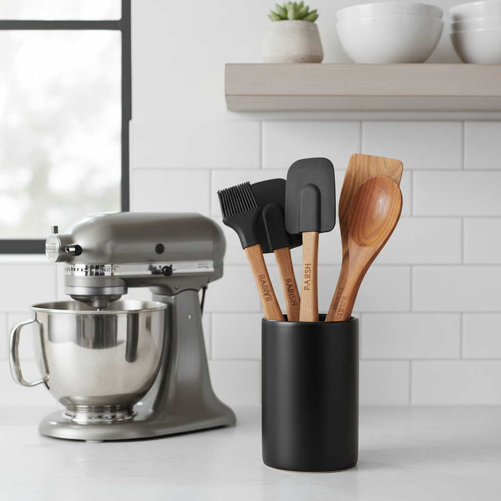 Juego de utensilios de cocina esenciales de 5 piezas de madera y silicona Babish en marrón