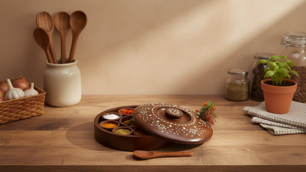 Wooden Inlay Masala Box with 7 Compartments