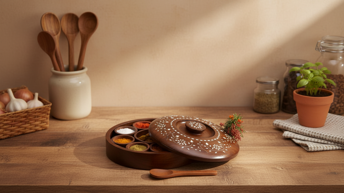 Wooden Inlay Masala Box with 7 Compartments