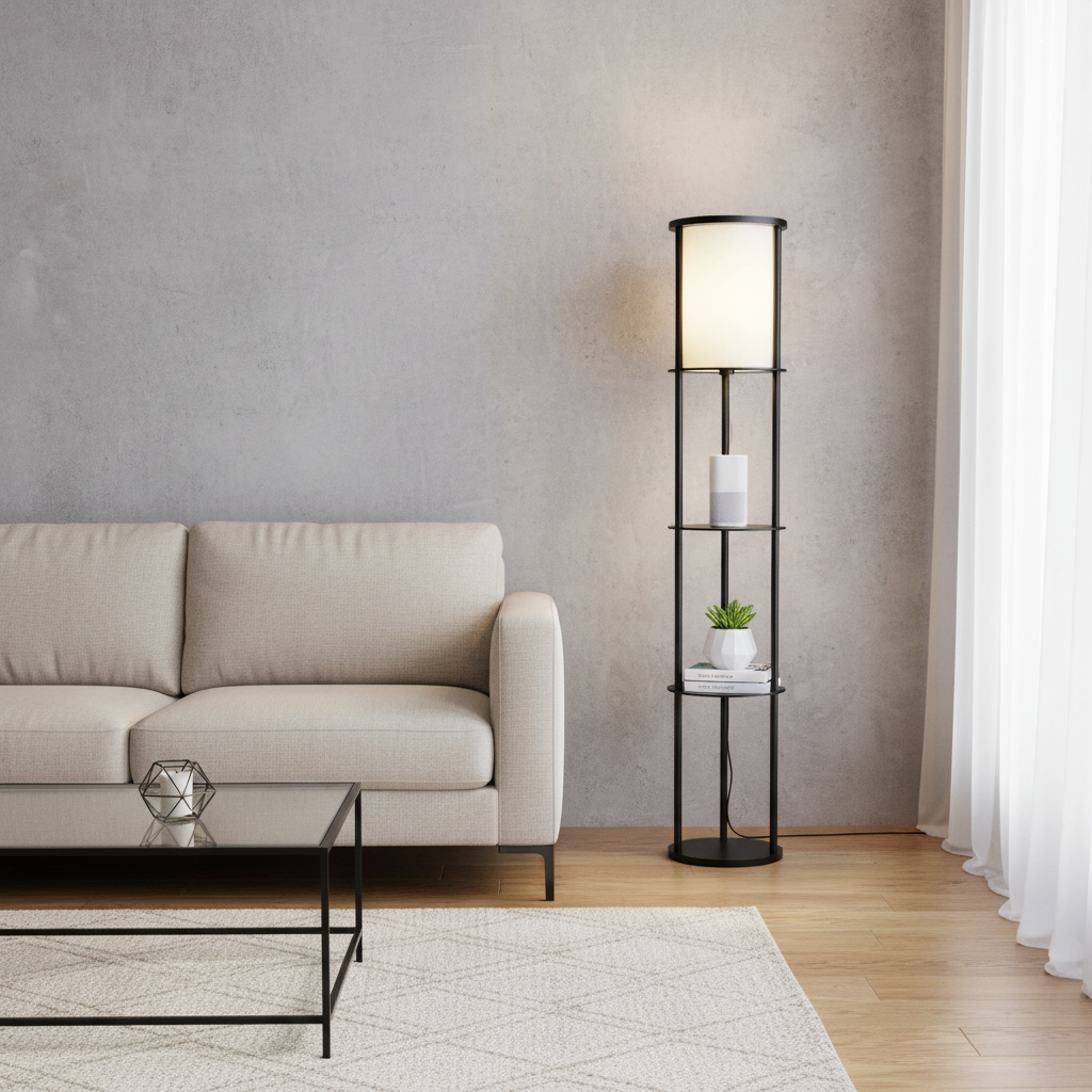 Lámpara de pie redonda de estilo asiático moderno en negro con pantalla blanca 