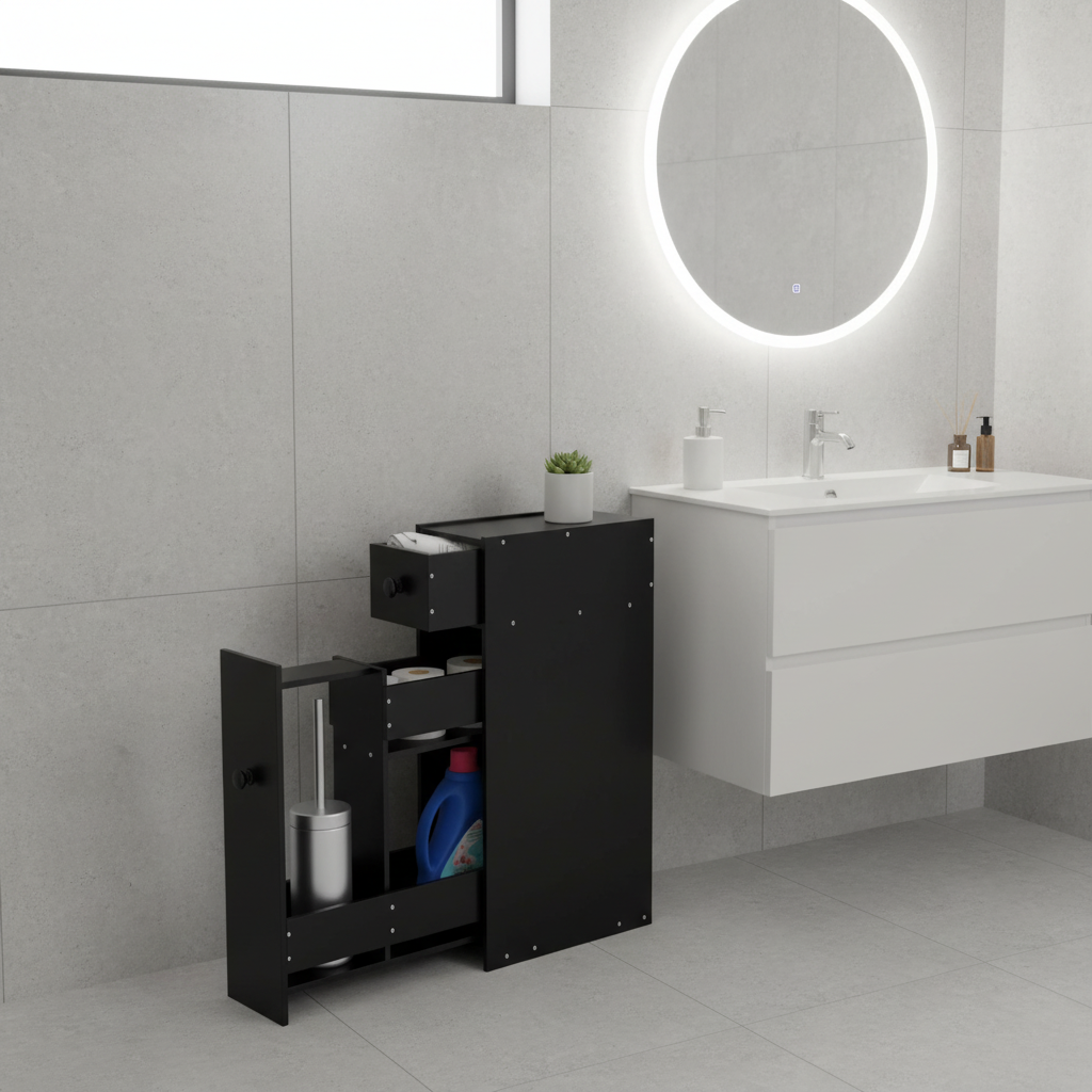 NNECW Freestanding  Slim Bathroom Storage Cabinet with Slide-out Drawers for Small/ Narrow Bathroom-Black