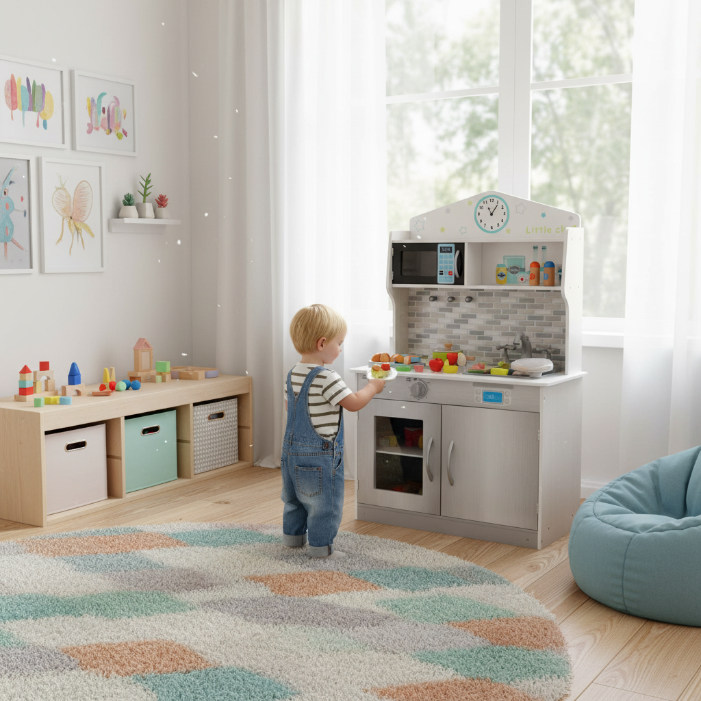 Juego de cocina de juguete de madera NNECW con microondas para niños de 3 años en adelante