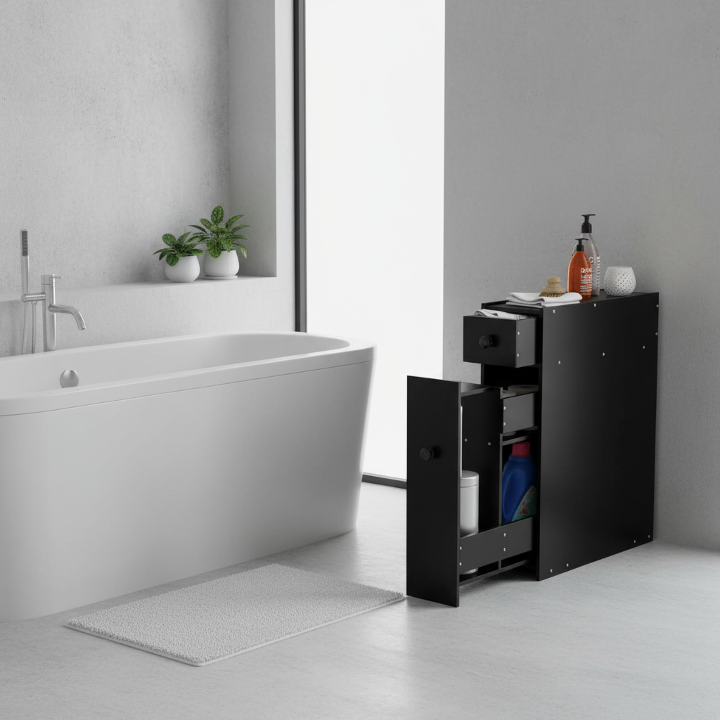 NNECW Freestanding  Slim Bathroom Storage Cabinet with Slide-out Drawers for Small/ Narrow Bathroom-Black