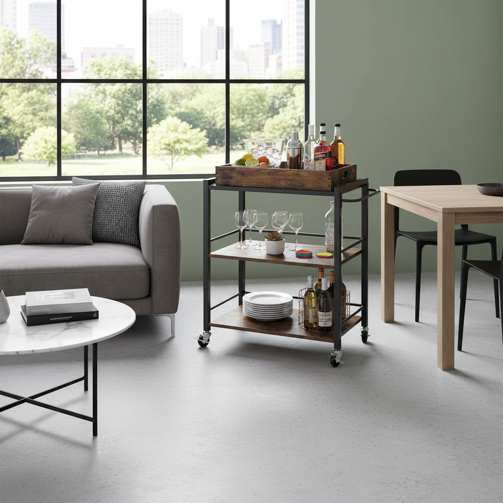 Carrito de cocina para microondas de tres niveles con bandeja para servir sobre ruedas