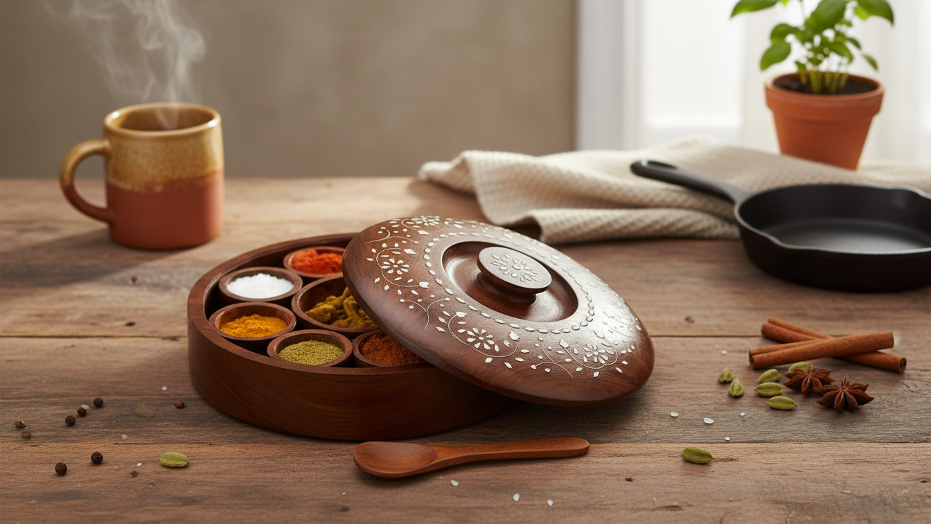Wooden Inlay Masala Box with 7 Compartments