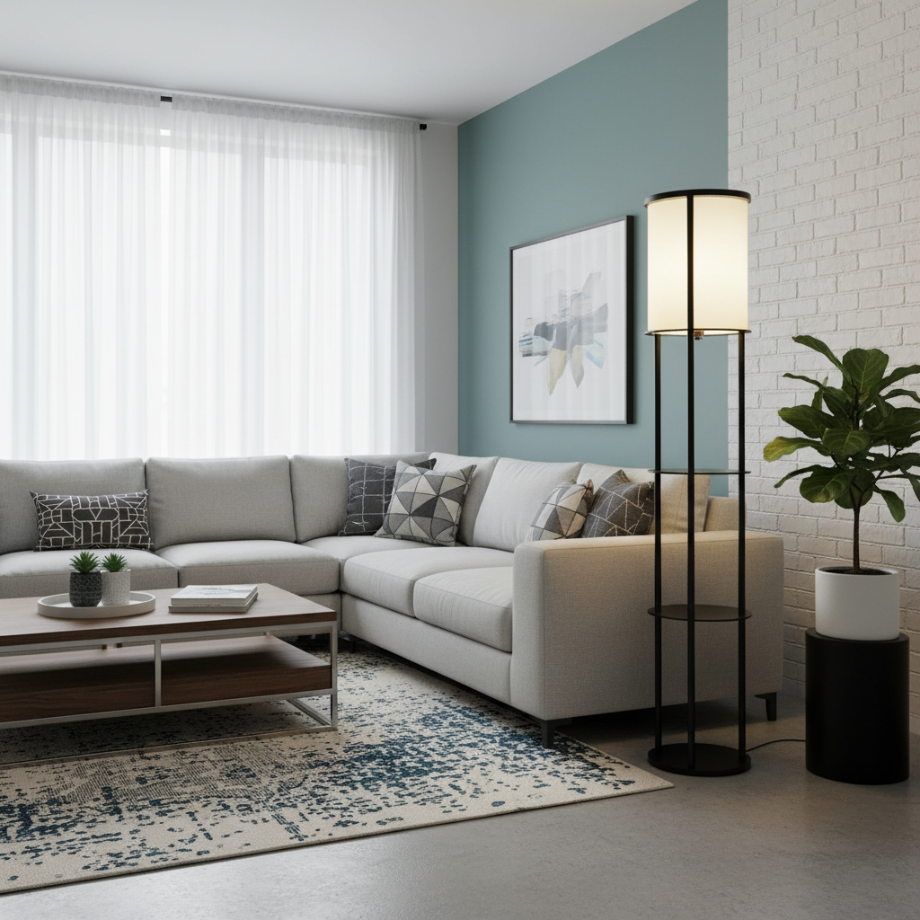 Lámpara de pie redonda de estilo asiático moderno en negro con pantalla blanca 