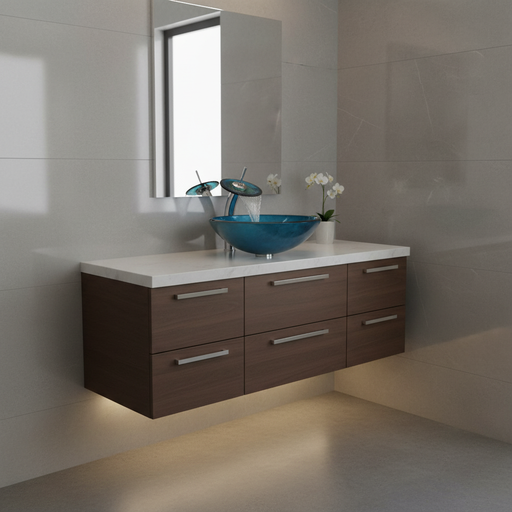 Round Blue Tempered Glass Vessel Bathroom Sink