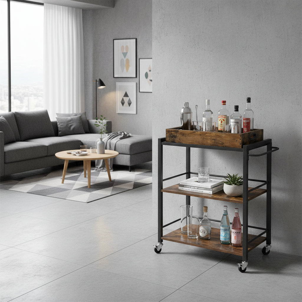 Carrito de cocina para microondas de tres niveles con bandeja para servir sobre ruedas