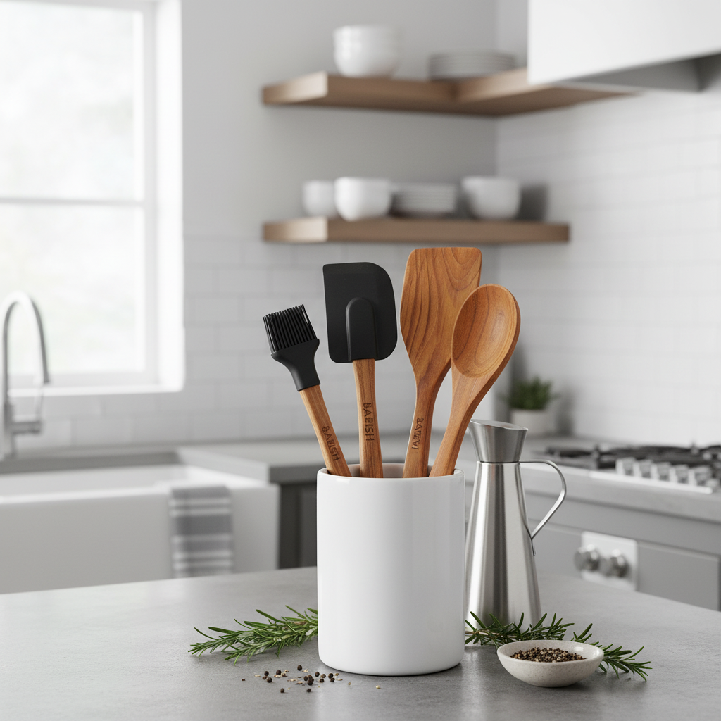 Juego de utensilios de cocina esenciales de 5 piezas de madera y silicona Babish en marrón