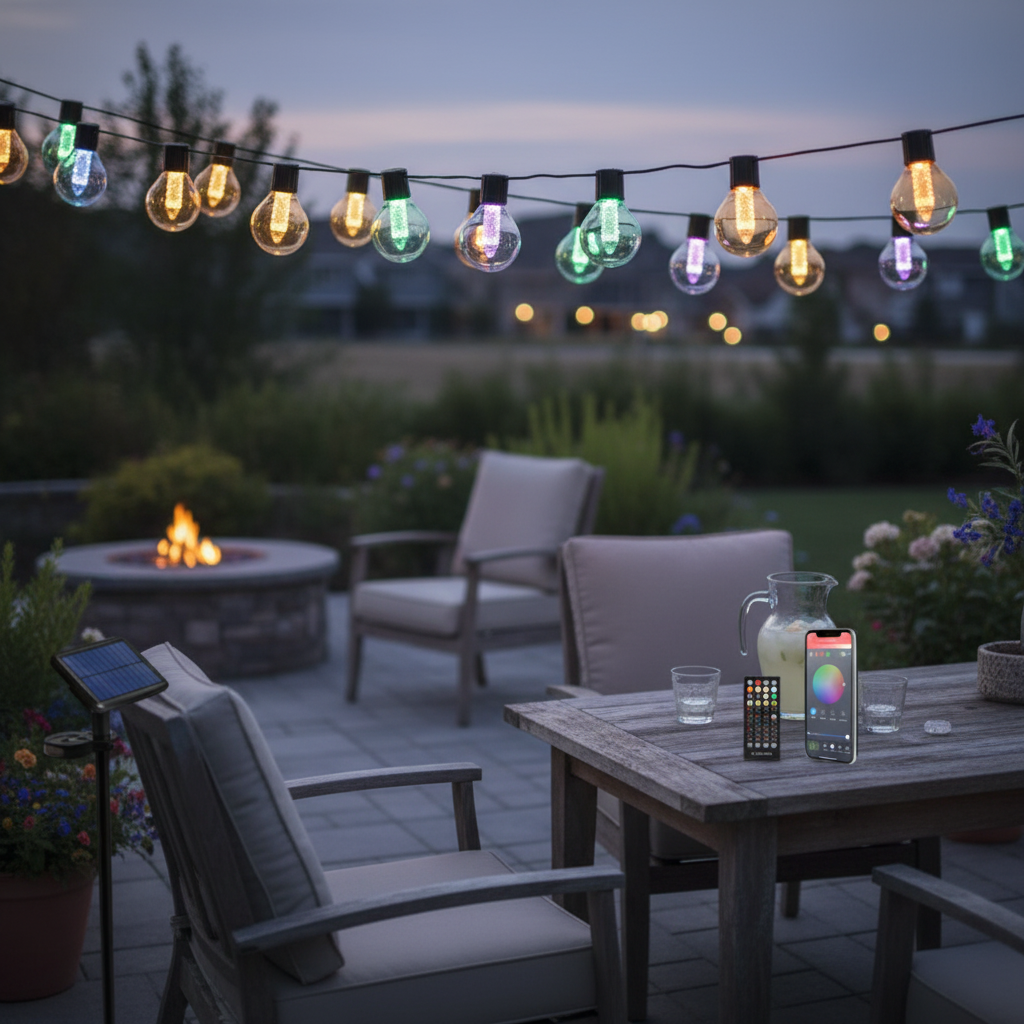Smart Solar LED String Lights - Bluetooth Control | Vintage Bulb Design