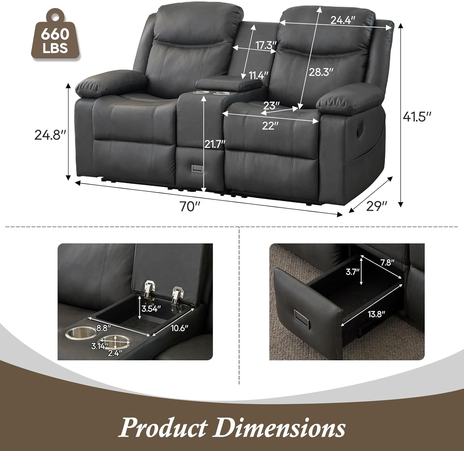 Loveseat doble reclinable gris para sala de estar, cine en casa