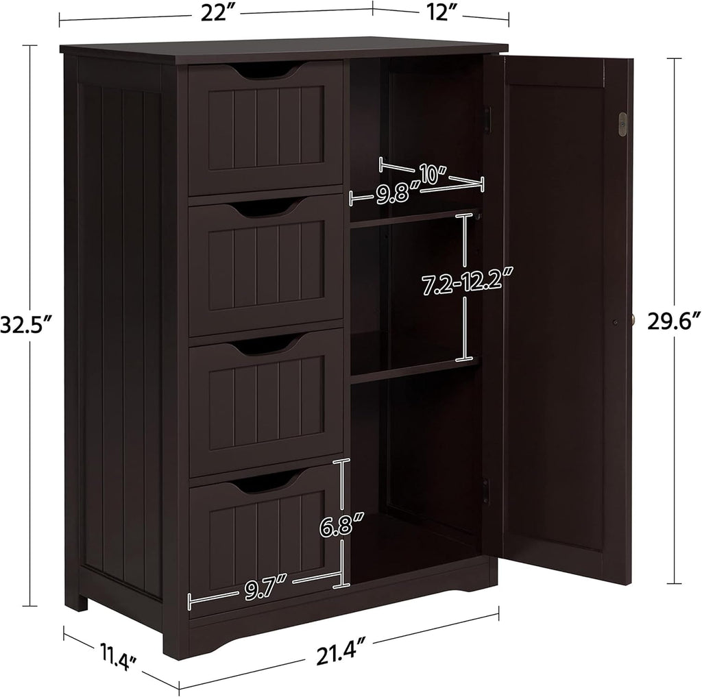 Brown Wooden Bathroom Floor Cabinet With 4 Drawers