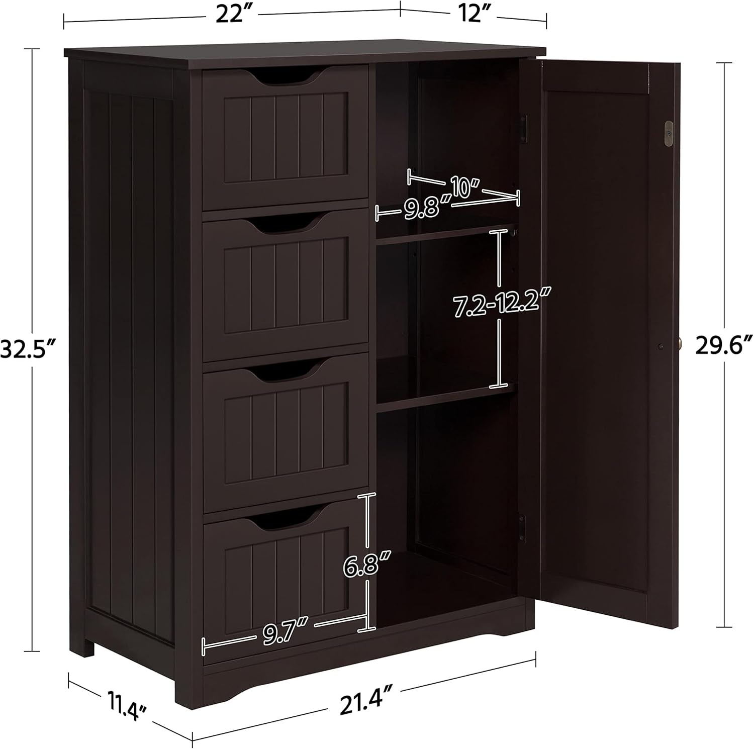 Brown Wooden Bathroom Floor Cabinet With 4 Drawers