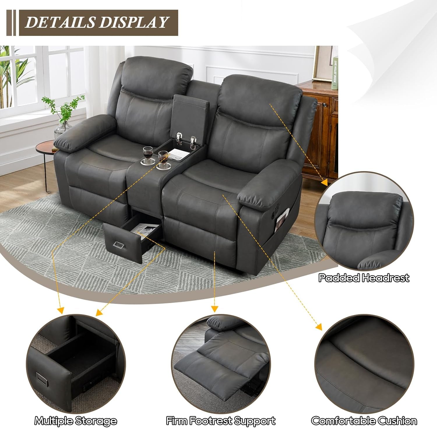 Loveseat doble reclinable gris para sala de estar, cine en casa