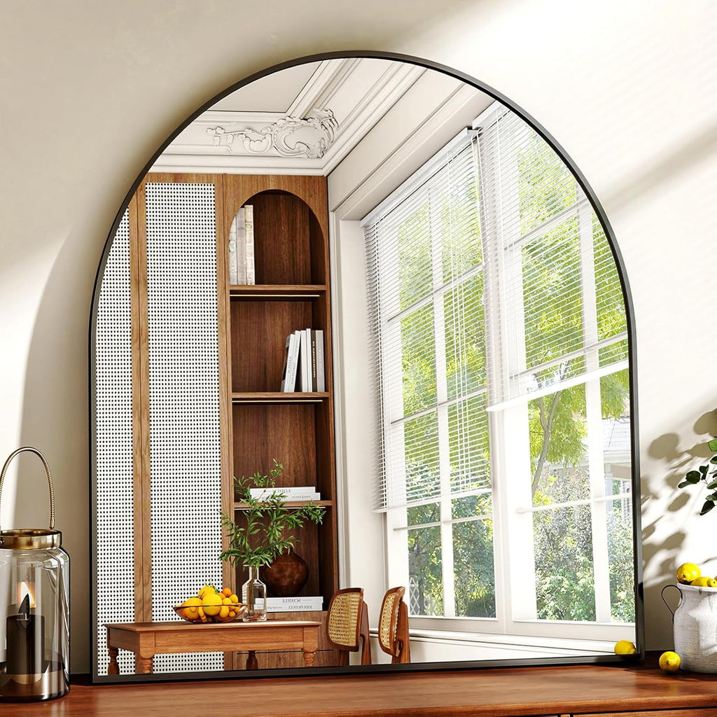 32x31 Inch Arched Bathroom Mirror Black Metal Frame
