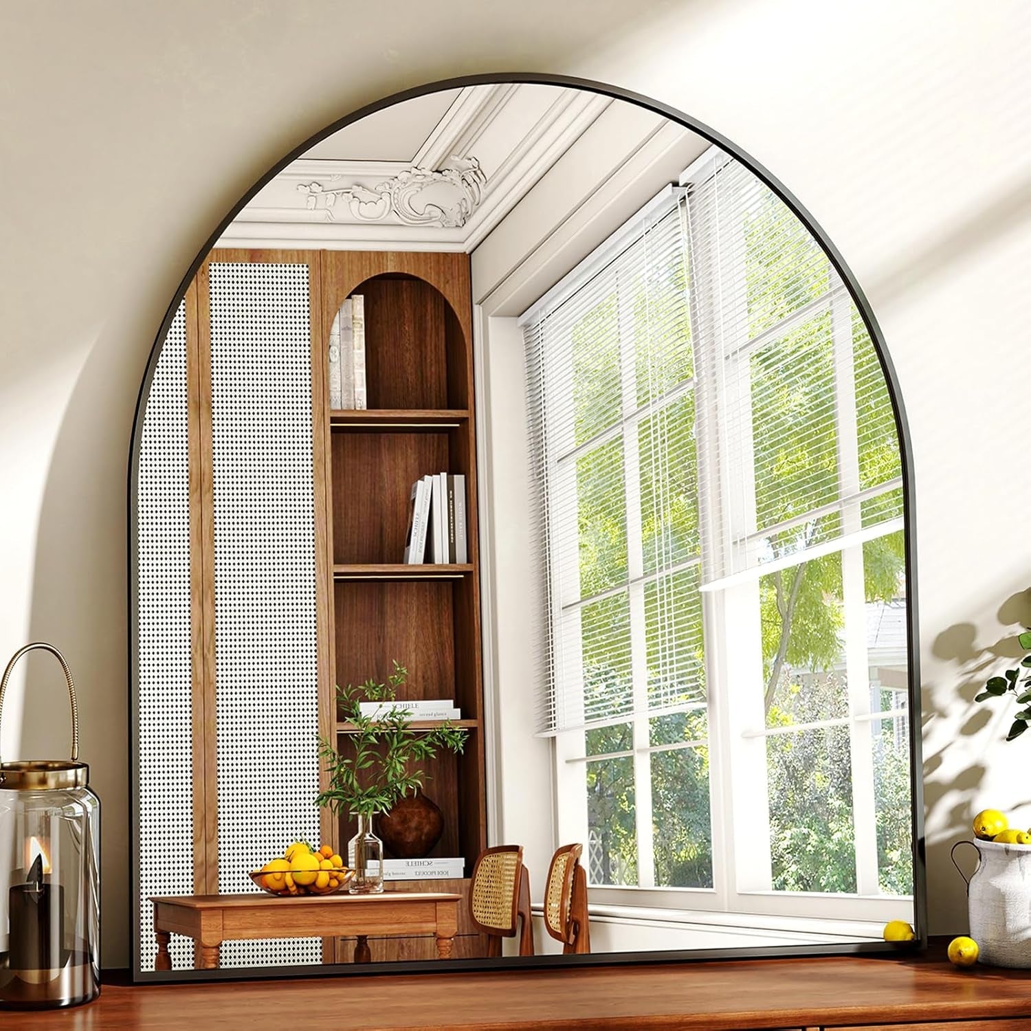 32x31 Inch Arched Bathroom Mirror Black Metal Frame