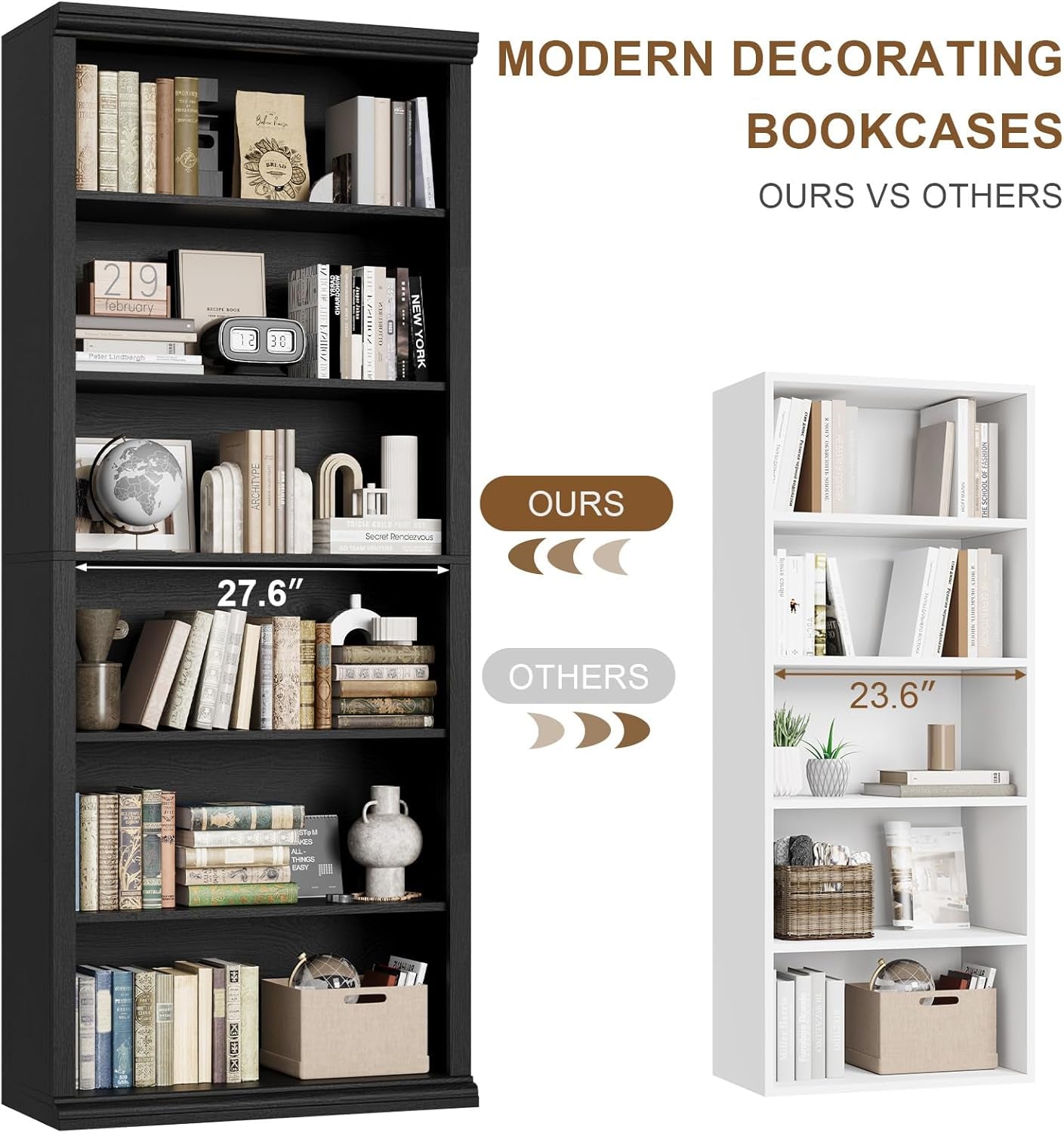 Librería alta de 28 pulgadas de ancho con seis niveles para el hogar, la oficina y la sala de estar.