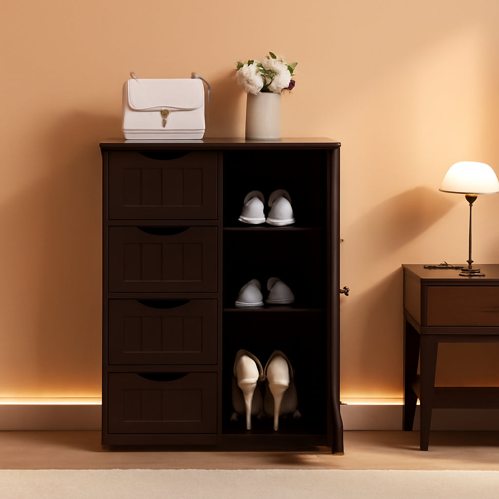 Brown Wooden Bathroom Floor Cabinet With 4 Drawers