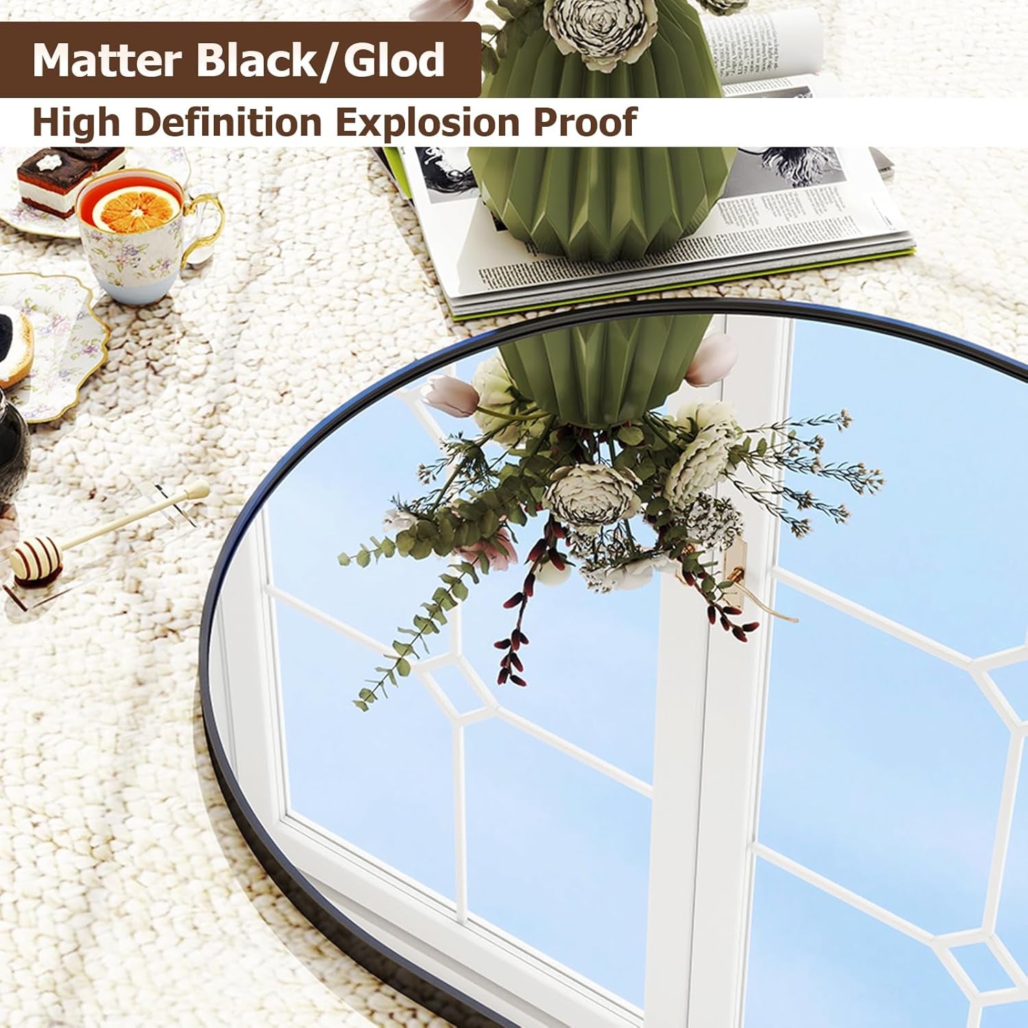 32x31 Inch Arched Bathroom Mirror Black Metal Frame