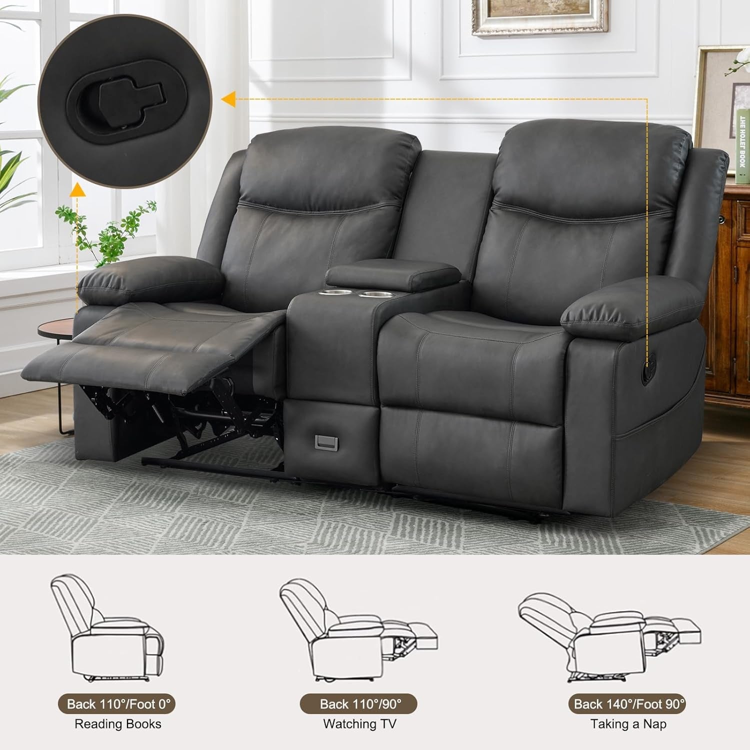 Loveseat doble reclinable gris para sala de estar, cine en casa