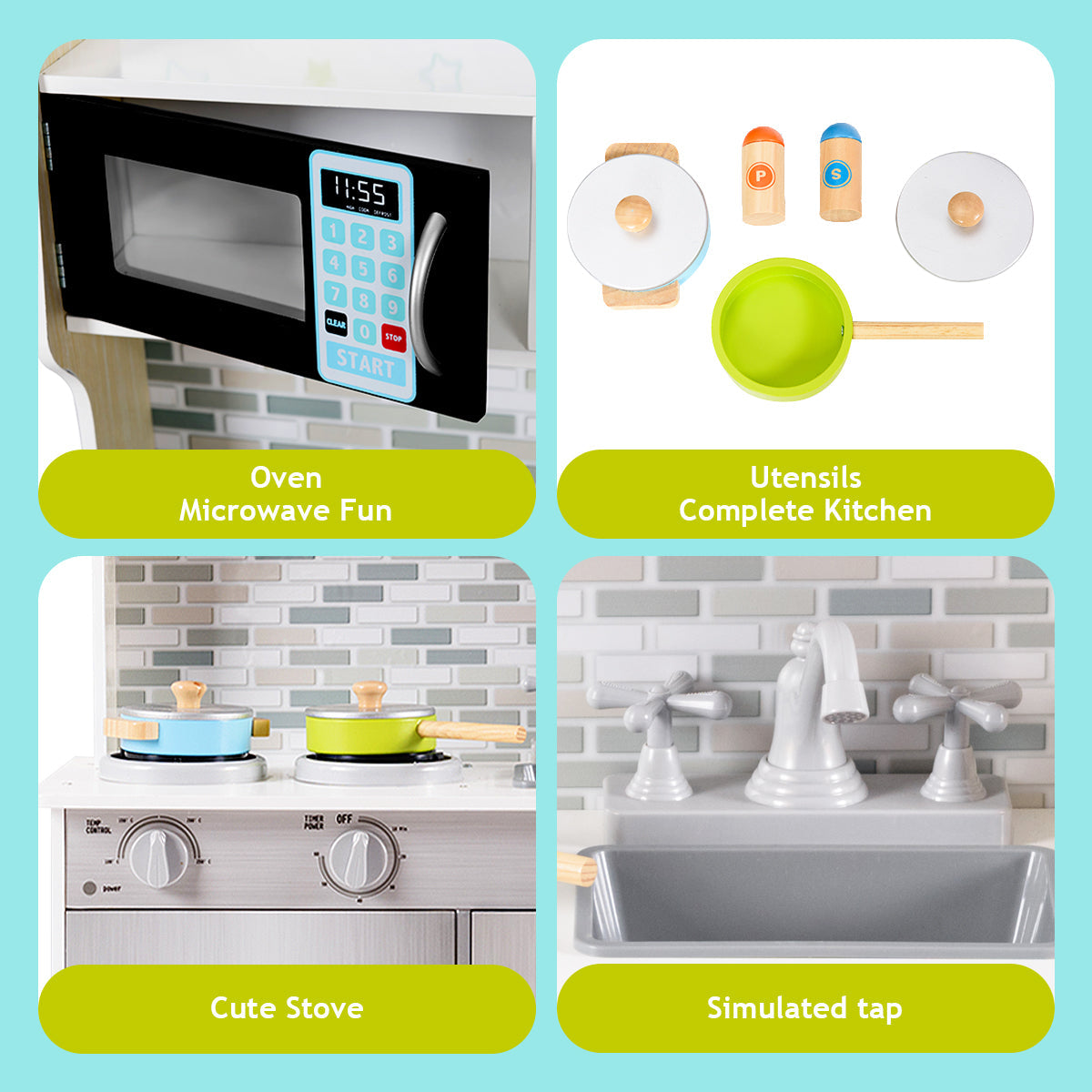 Juego de cocina de juguete de madera NNECW con microondas para niños de 3 años en adelante