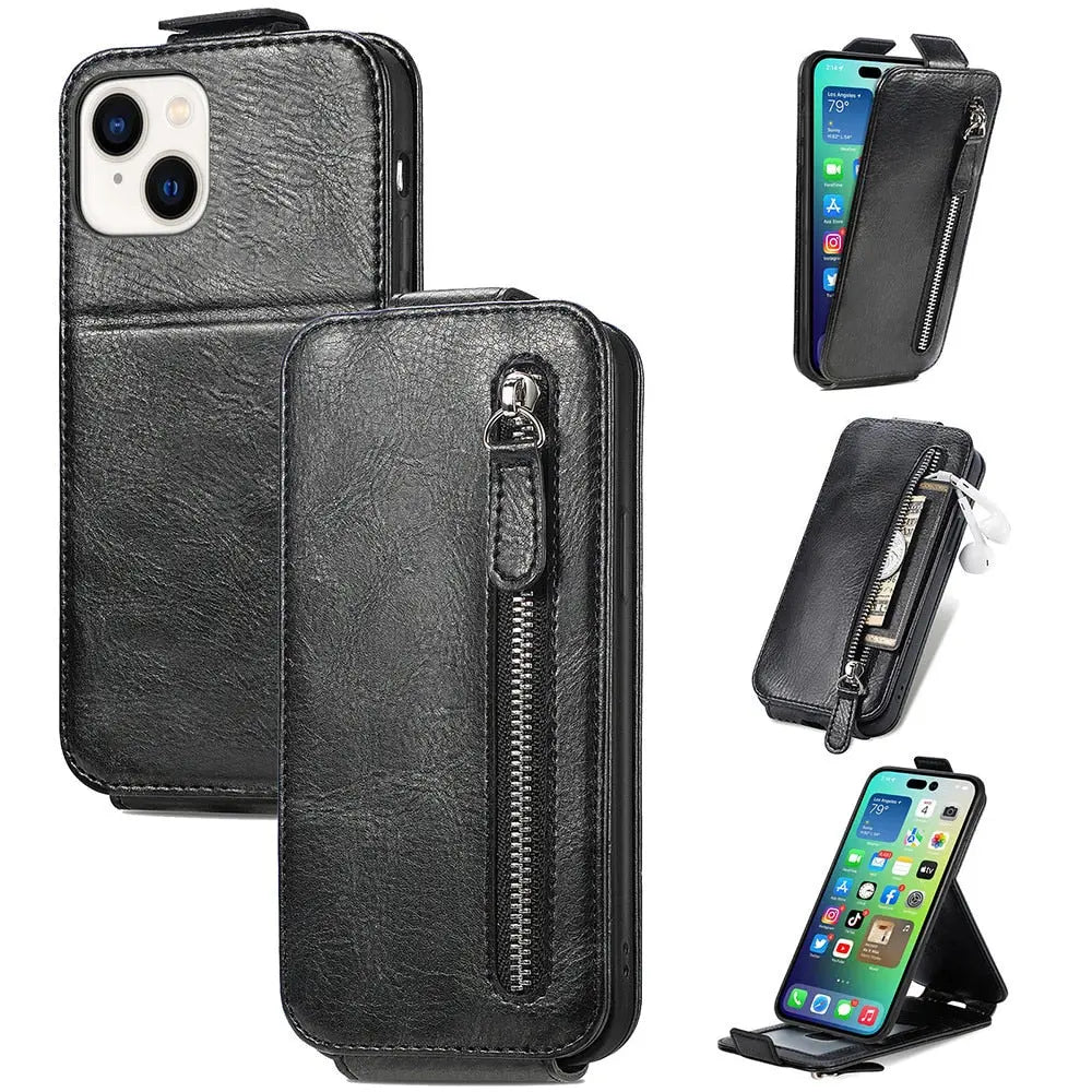 Funda de cuero con cremallera y tarjetero para iPhone 14 
