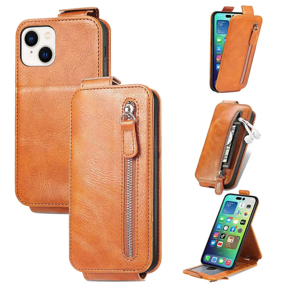 Funda de cuero con cremallera y tarjetero para iPhone 14 