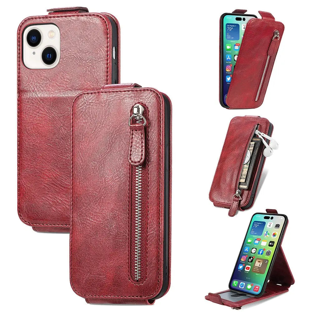Funda de cuero con cremallera y tarjetero para iPhone 14 