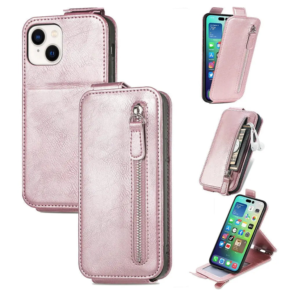 Funda de cuero con cremallera y tarjetero para iPhone 14 