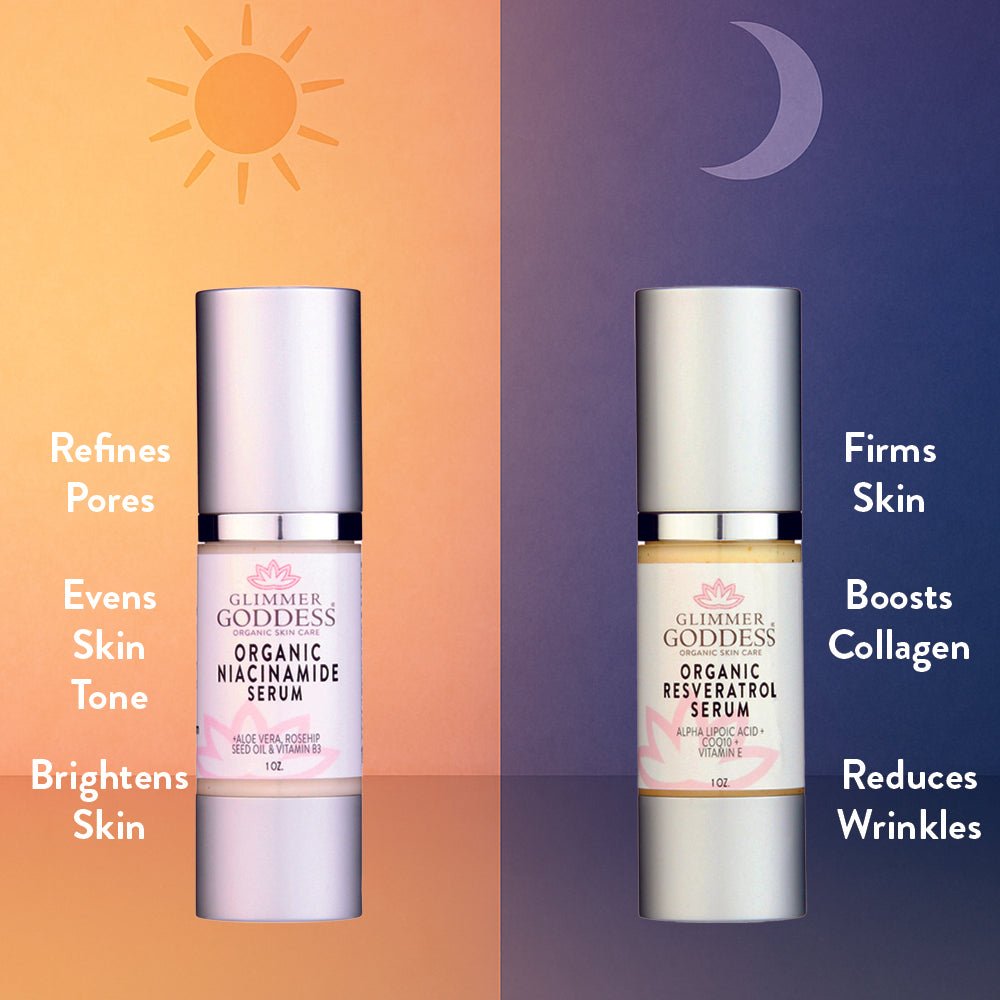 Dúo de sueros faciales con niacinamida y resveratrol: paquete de cuidado facial antiedad, reductor de poros e iluminador.