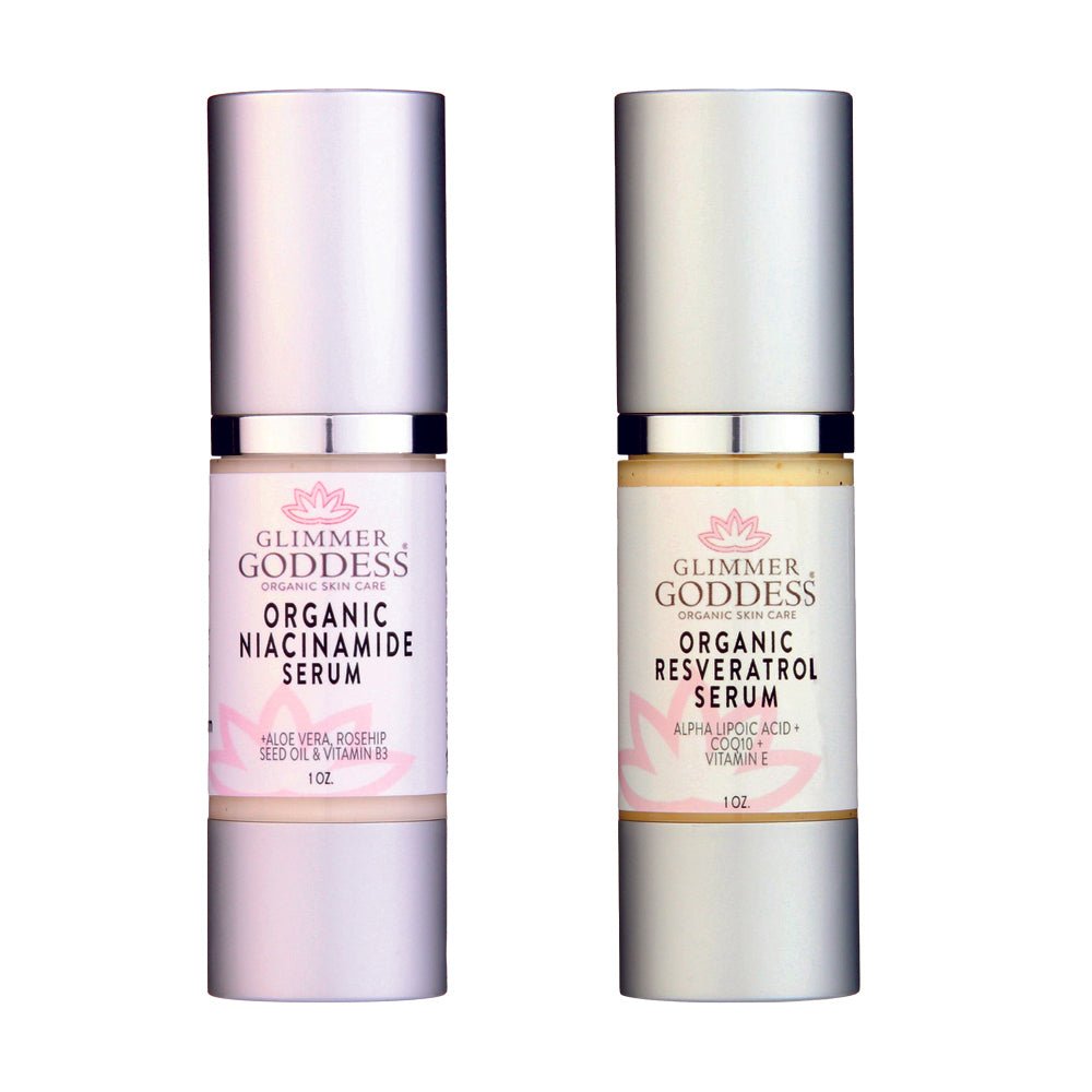 Dúo de sueros faciales con niacinamida y resveratrol: paquete de cuidado facial antiedad, reductor de poros e iluminador.