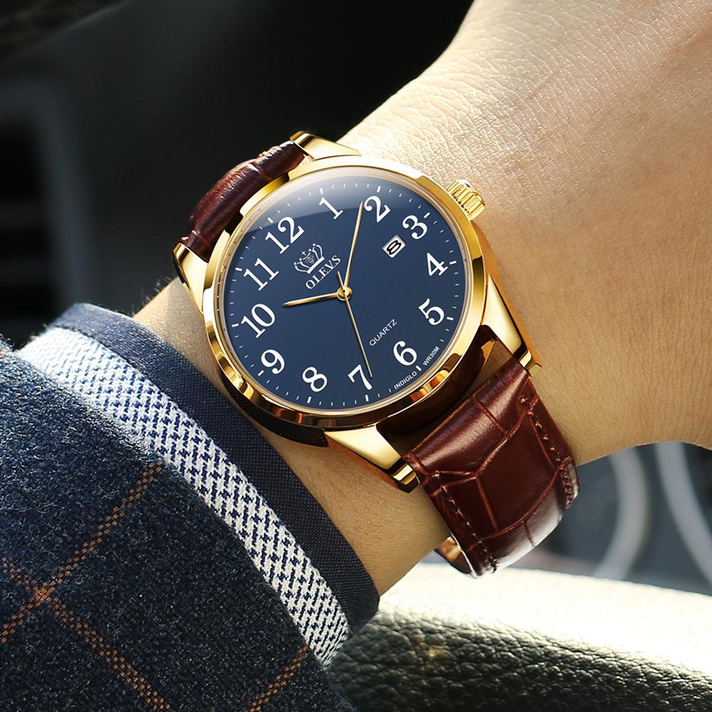 Men Watch Easy Reader Date Brown Leather Strap Waterproof Casual Quartz Wristwatch Gifts for Men