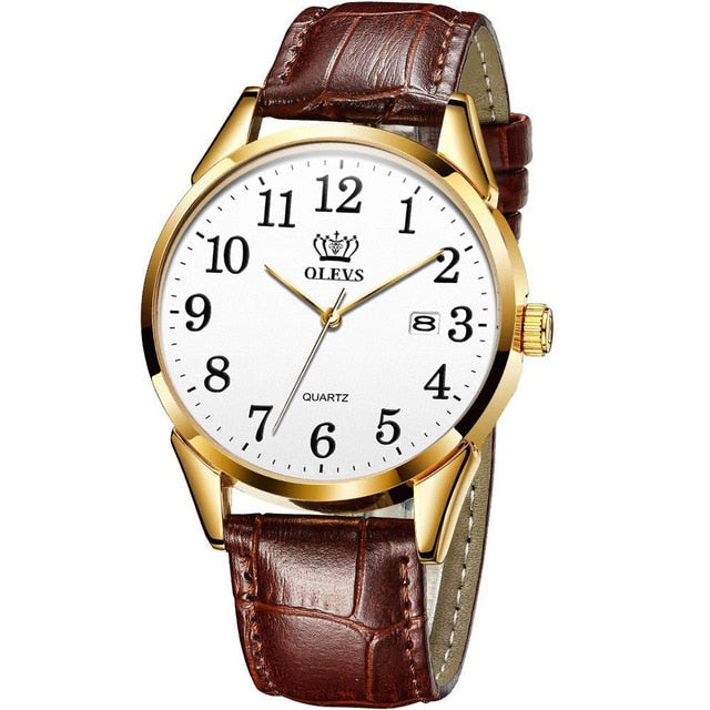 Men Watch Easy Reader Date Brown Leather Strap Waterproof Casual Quartz Wristwatch Gifts for Men