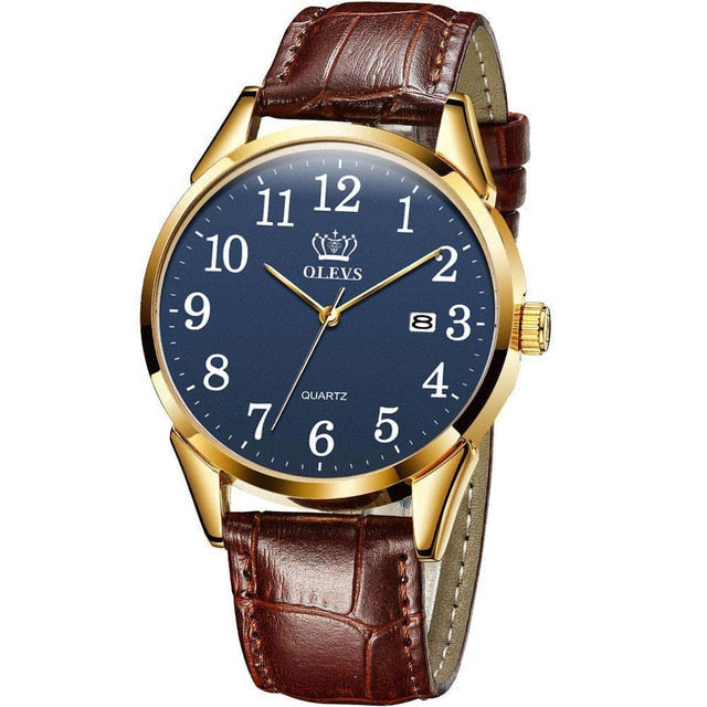Men Watch Easy Reader Date Brown Leather Strap Waterproof Casual Quartz Wristwatch Gifts for Men