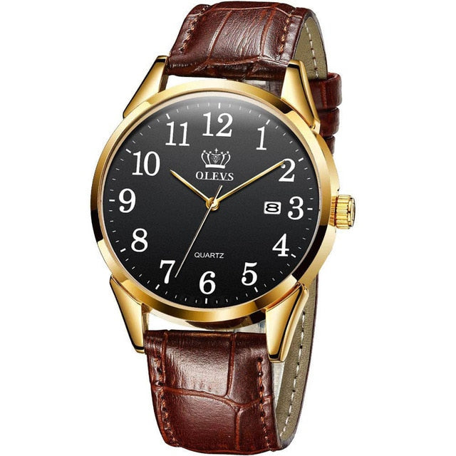 Men Watch Easy Reader Date Brown Leather Strap Waterproof Casual Quartz Wristwatch Gifts for Men
